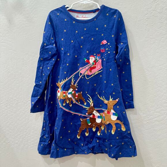 Mini Boden Blue Stars Appliqué Santa’s Sleigh Christmas Dress - Picture 1 of 7